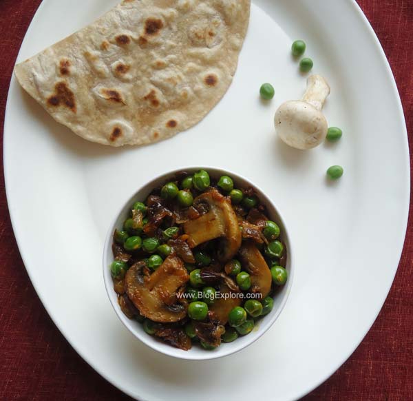 mushroom peas stir fry indian recipe, matar mushroom stir fry recipe