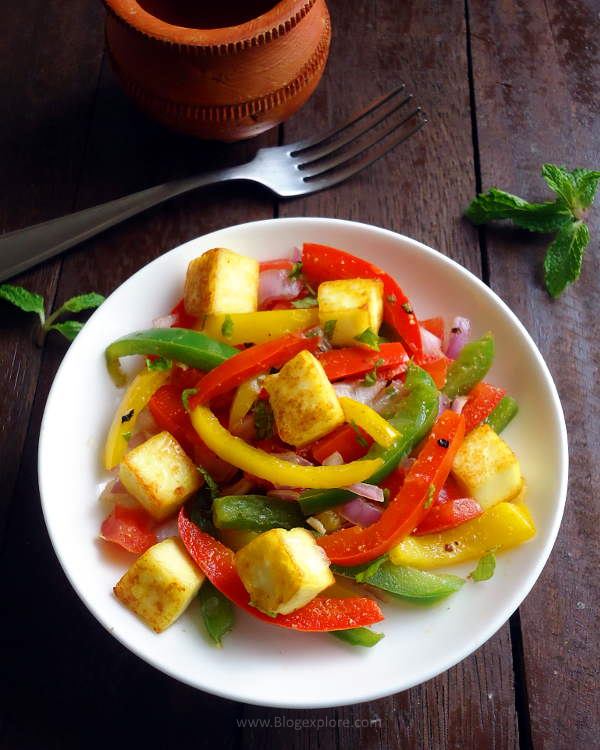 paneer salad recipe - a quick, easy and delicious Indian cottage cheese salad with capsicums