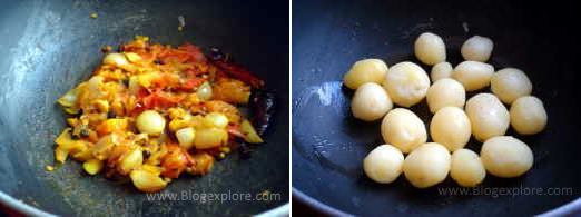 frying tomatoes and adding small potatoes for baby potato fry recipe