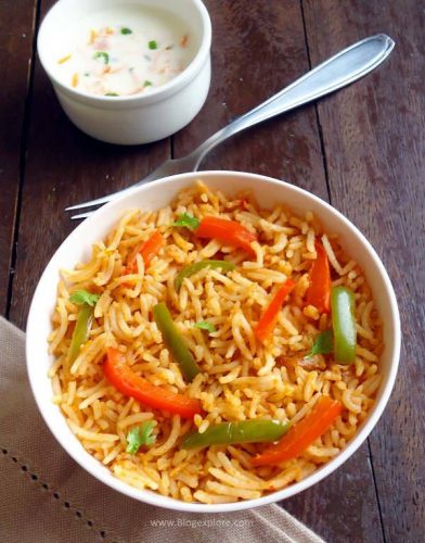 capsicum rice recipe - a delicious capsicum masala rice using bell peppers and flavored with spices.